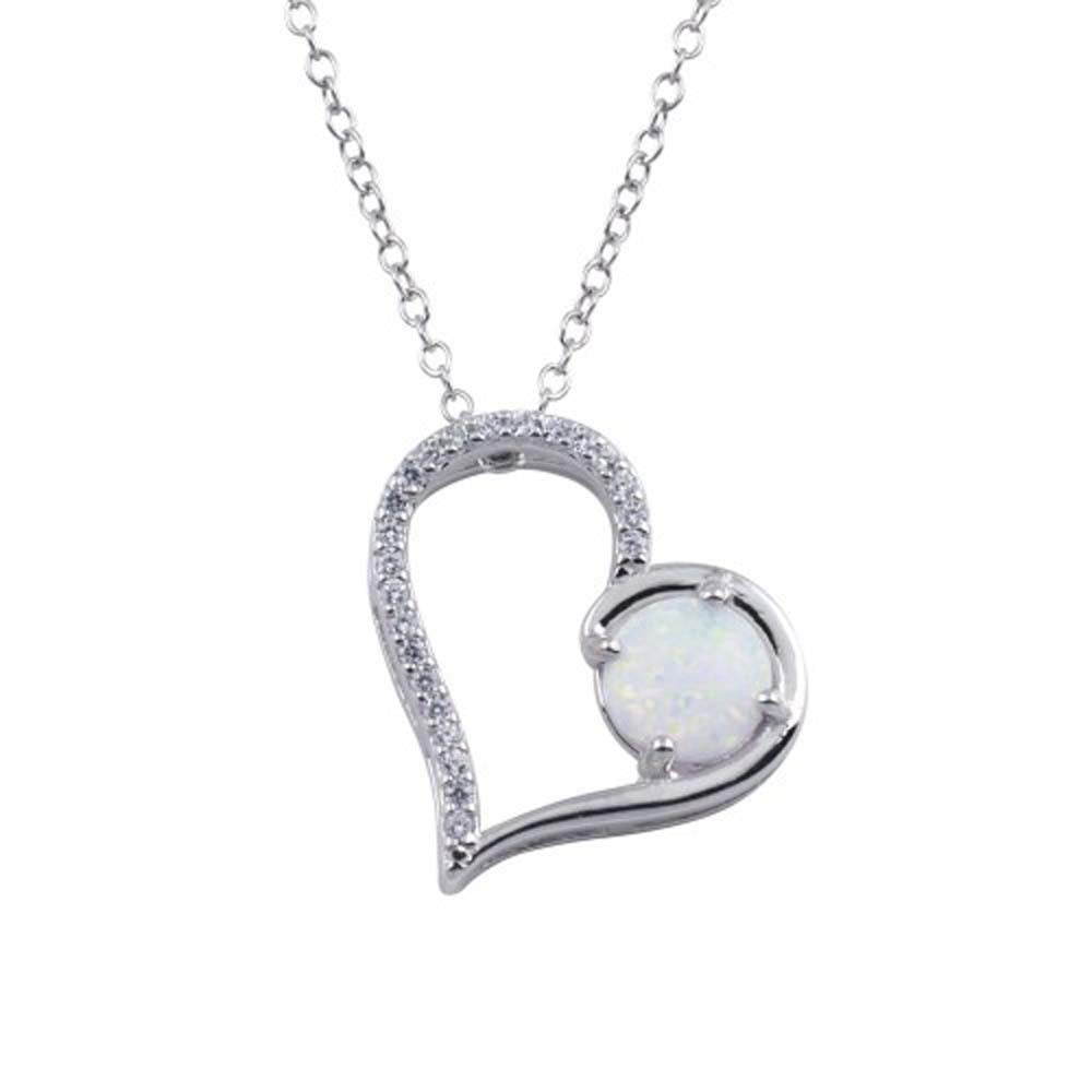 Sterling Silver Rhodium Plated Heart Synthetic Opal Pendant Necklace