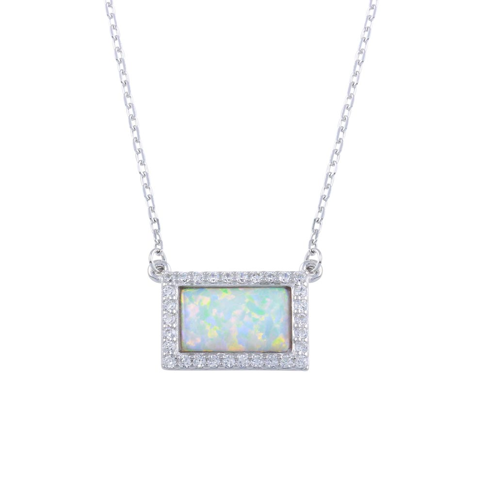 Sterling Silver Rhodium Plated Rectangle Opal Pendant Necklace with CZ