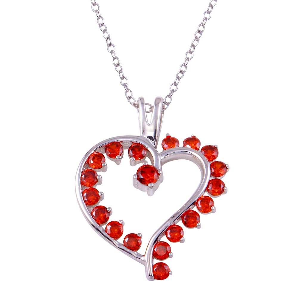 Sterling Silver Rhodium Plated Multi Red CZ Open Heart Necklace