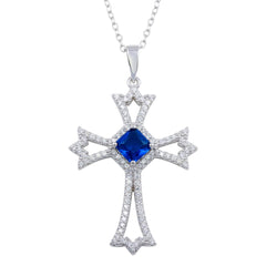 Sterling Silver Rhodium Plated Blue CZ Center Open CZ Cross Necklace