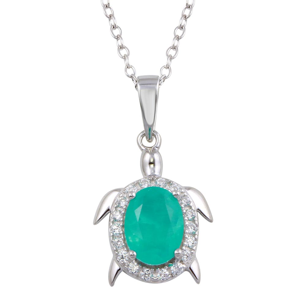 Sterling Silver Turtle Pendant Necklace with Light Blue CZ