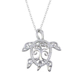 Sterling Silver Rhodium Plated Family Tree Design CZ Turtle Necklace