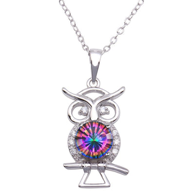 Sterling Silver Rhodium Plated Mystic Topaz CZ Owl Necklace
