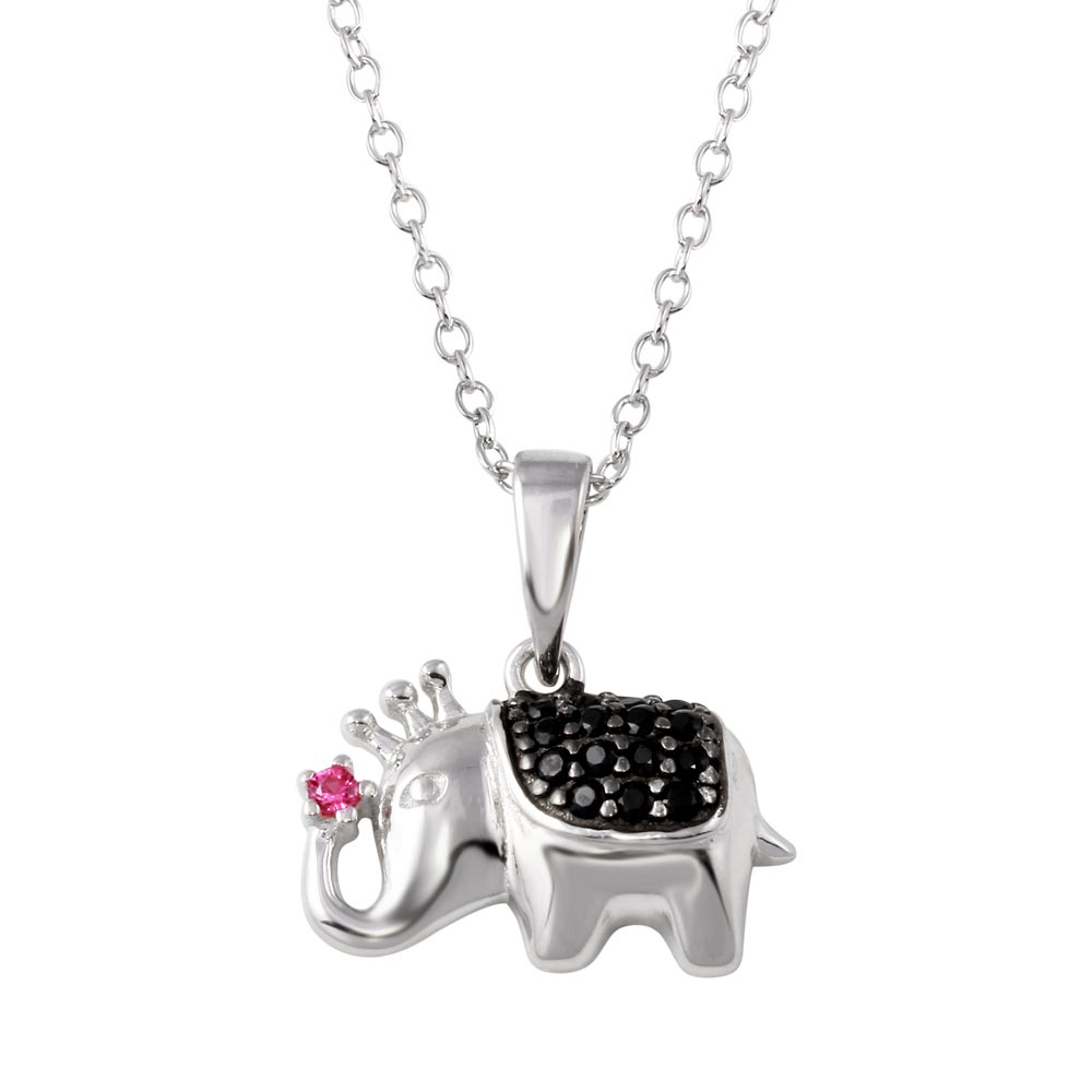 Sterling Silver Rhodium Plated Black and Pink CZ Elephant Pendant Necklace