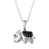 Sterling Silver Rhodium Plated Black and Pink CZ Elephant Pendant Necklace