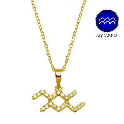 Sterling Silver Gold Plated Aquarius CZ Zodiac Sign Necklace