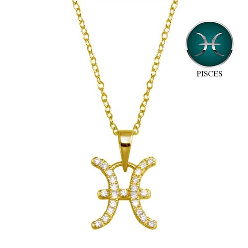 Sterling Silver Gold Plated Pisces CZ Zodiac Sign Necklace