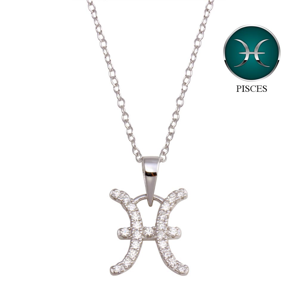 Sterling Silver Rhodium Plated Pisces CZ Zodiac Sign Necklace