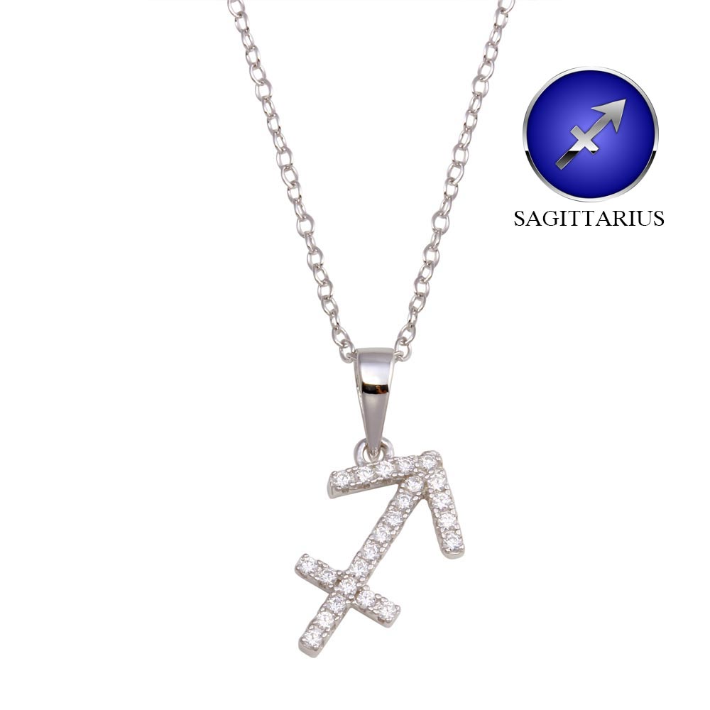 Sterling Silver Rhodium Plated Sagittarius CZ Zodiac Sign Necklace