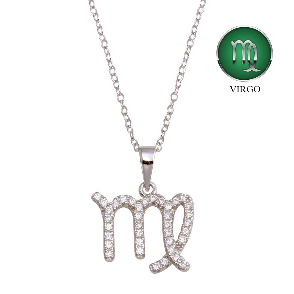 Sterling Silver Rhodium Plated Virgo CZ Zodiac Sign Necklace