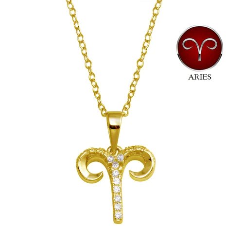 Sterling Silver Gold Plated Aries CZ Zodiac Sign Necklace