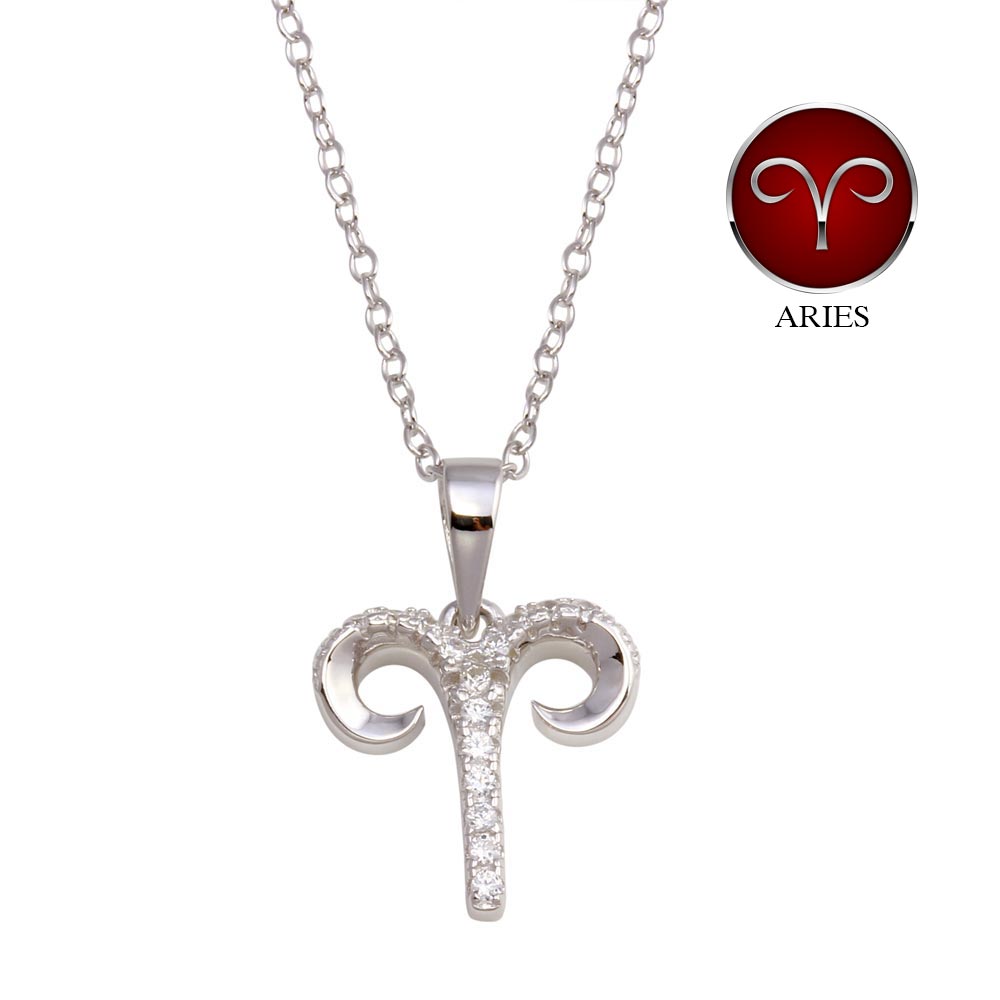 Sterling Silver Rhodium Plated Aries CZ Zodiac Sign Necklace