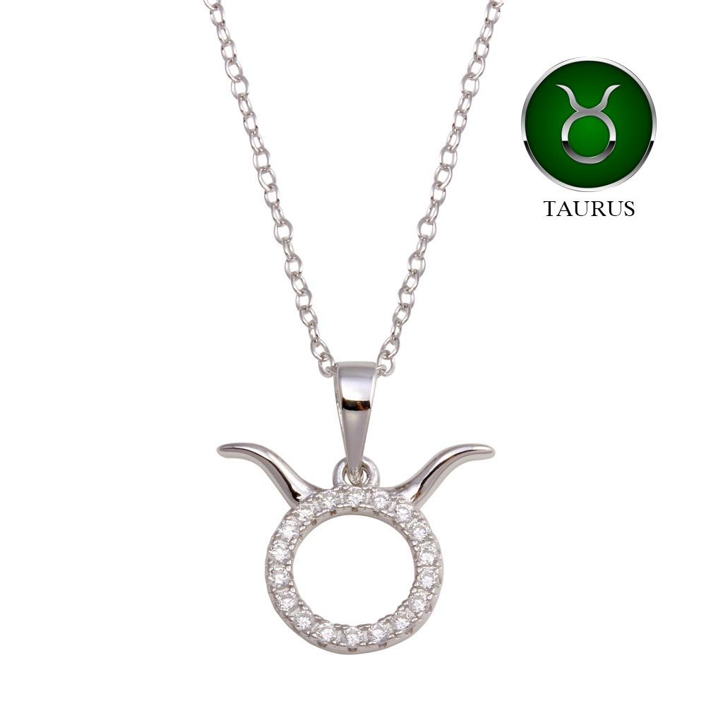 Sterling Silver Rhodium Plated Taurus CZ Zodiac Sign Necklace