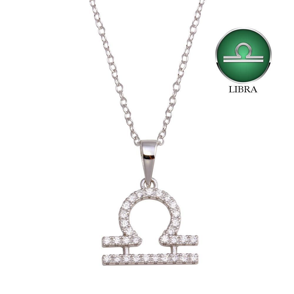 Sterling Silver Rhodium Plated Libra CZ Zodiac Sign Necklace