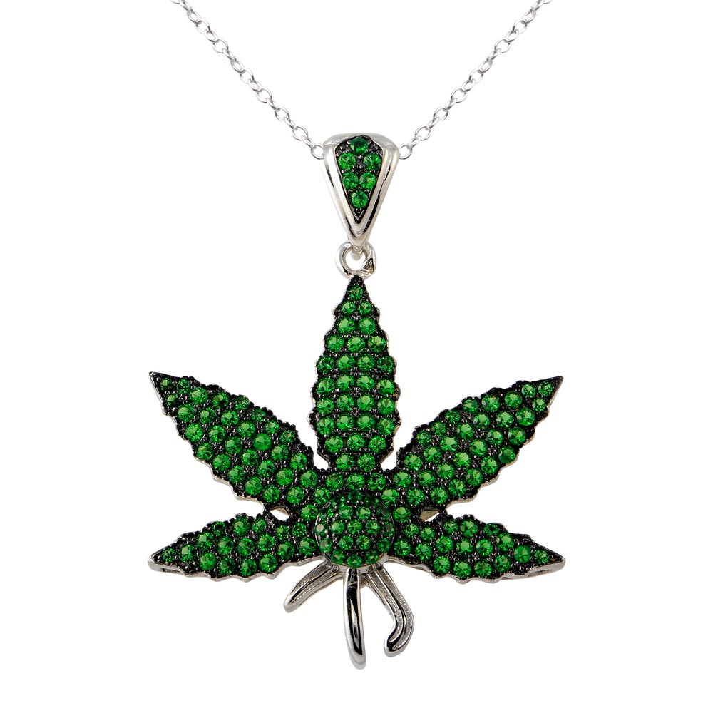 Sterling Silver  Rhodium Plated Green CZ Marijuana Leaf Necklace