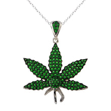 Load image into Gallery viewer, Sterling Silver  Rhodium Plated Green CZ Marijuana Leaf Necklace