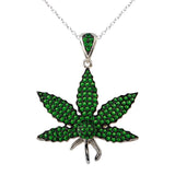 Sterling Silver  Rhodium Plated Green CZ Marijuana Leaf Necklace