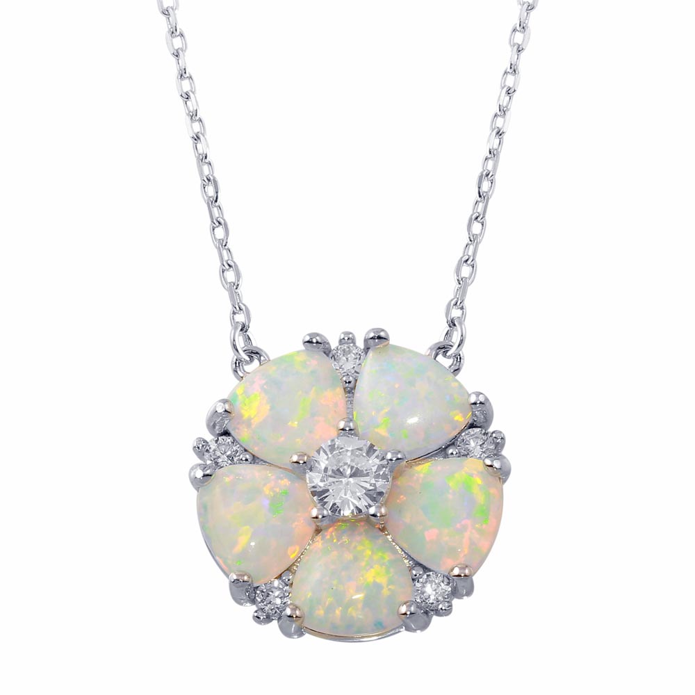 Sterling Silver Rhodium Plated Opal and CZ Round Flower Necklace