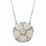 Sterling Silver Rhodium Plated Opal and CZ Round Flower Necklace