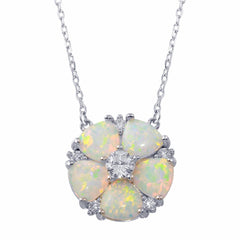 Sterling Silver Rhodium Plated Opal and CZ Round Flower Necklace