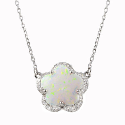 Sterling Silver Rhodium Plated Opal and CZ Flower Necklace