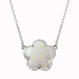 Sterling Silver Rhodium Plated Opal and CZ Flower Necklace