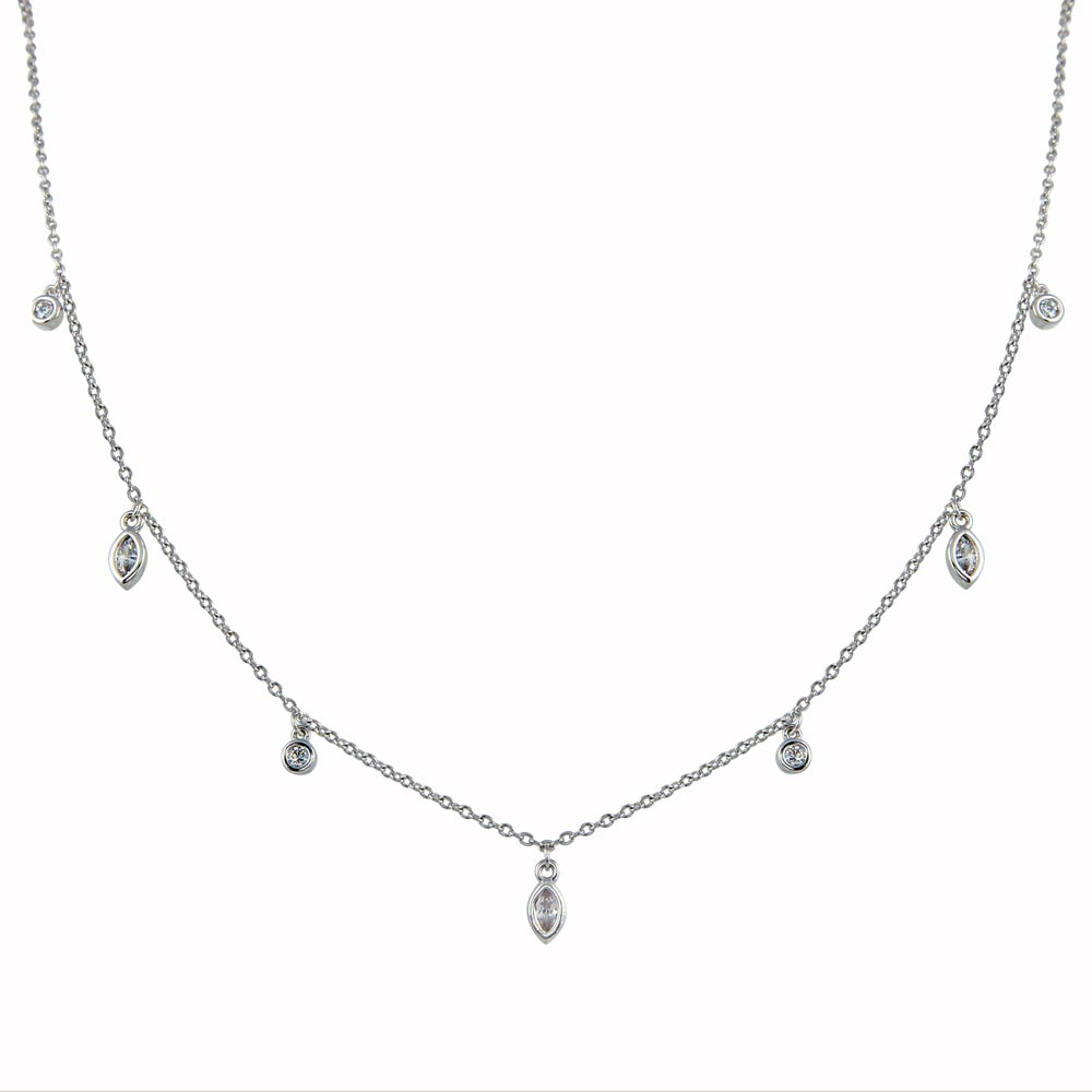 Sterling Silver Rhodium Plated Round and Marquise Shape CZ Charm Necklace