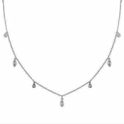 Sterling Silver Rhodium Plated Round and Marquise Shape CZ Charm Necklace