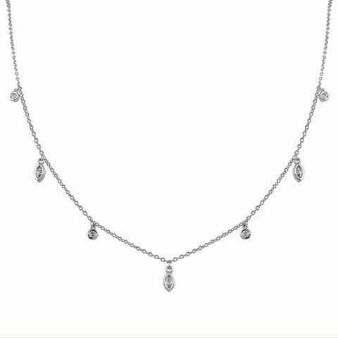 Sterling Silver Rhodium Plated Round and Marquise Shape CZ Charm Necklace
