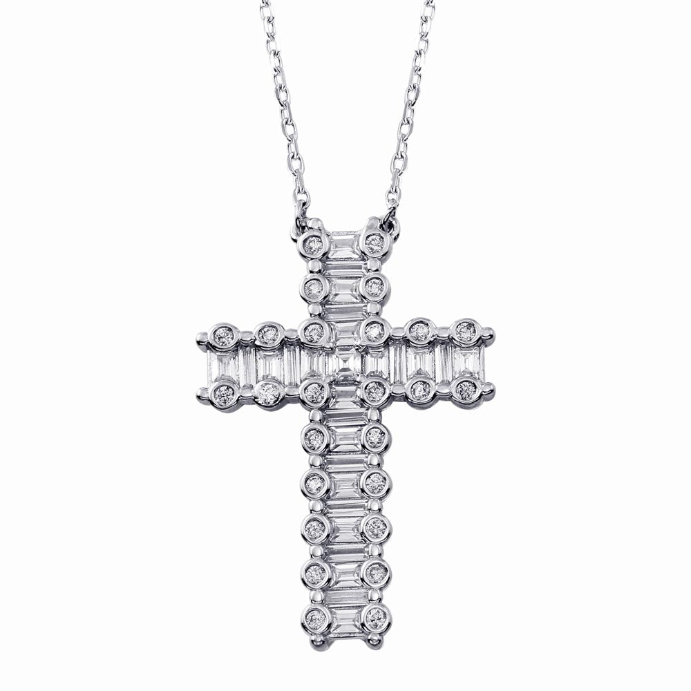 Sterling Silver Rhodium Plated CZ Cross Necklace