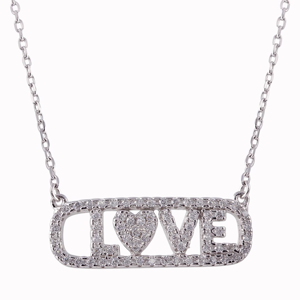 Sterling Silver Rhodium Plated CZ Word Tag Necklace "LOVE"