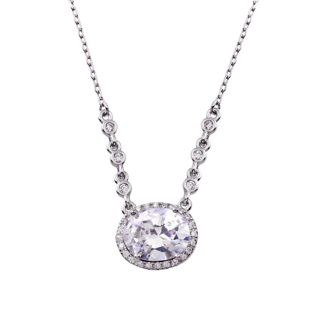 Sterling Silver Rhodium Plated Floating Halo Oval CZ Necklace