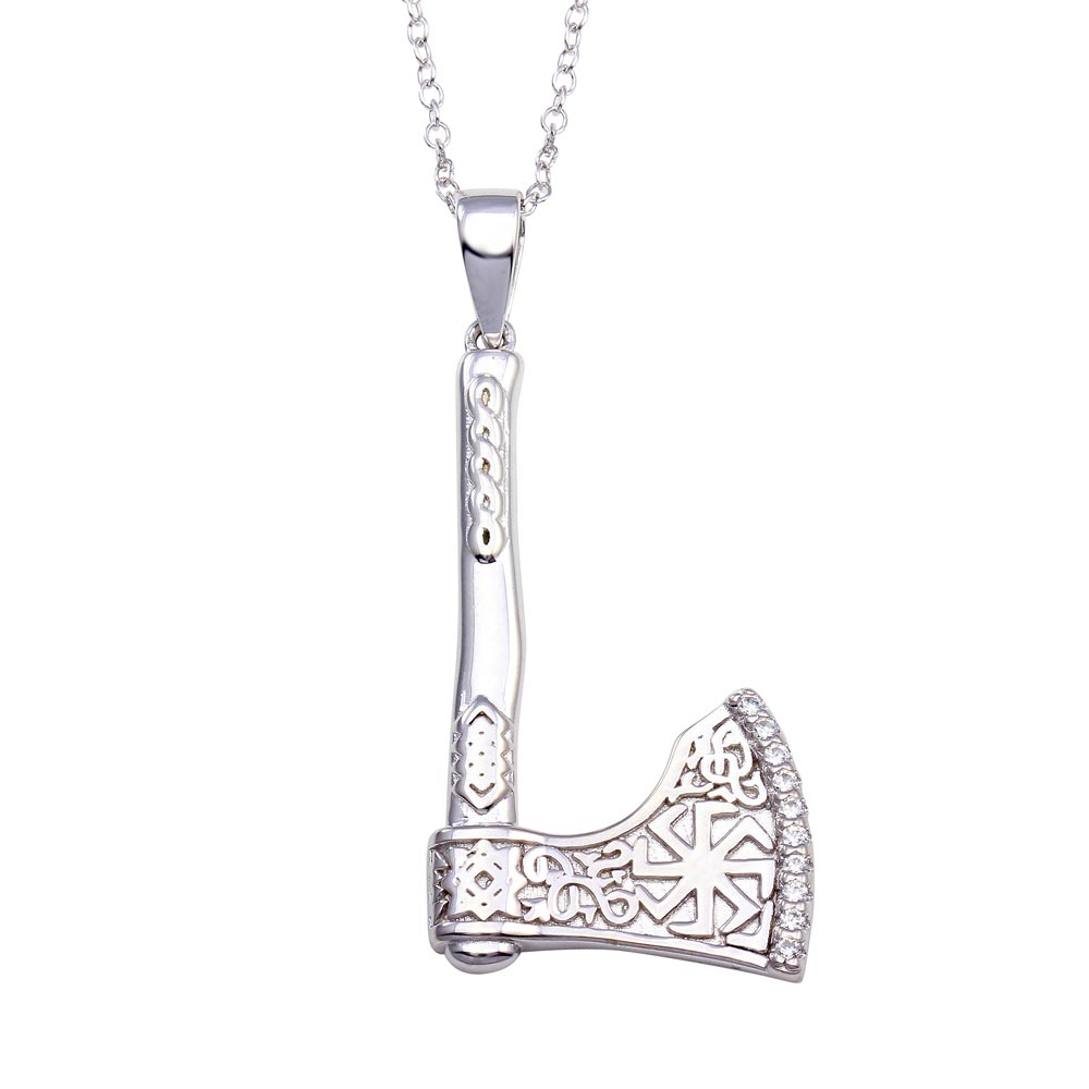 Sterling Silver Rhodium Plated Indian Axe CZ Necklace