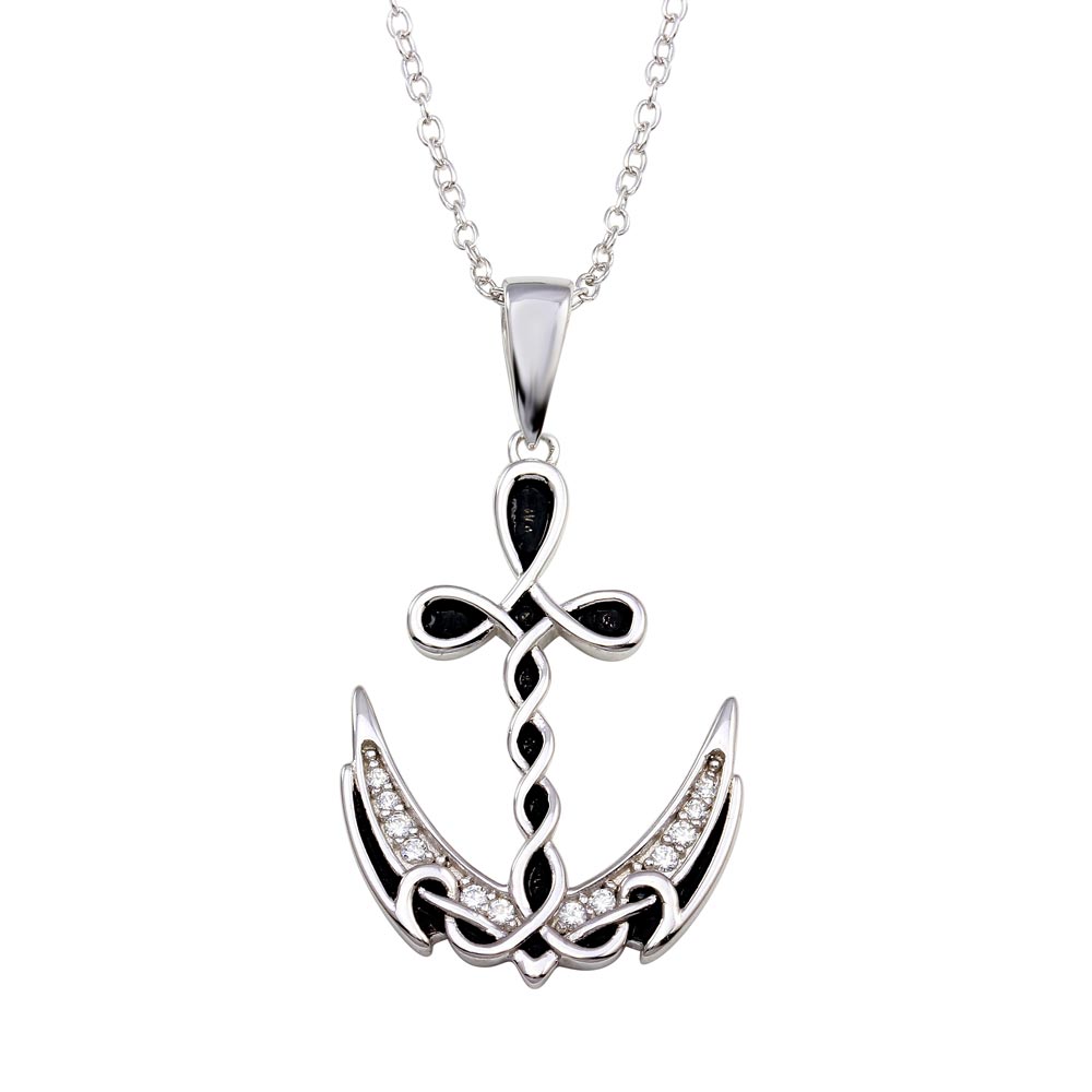 Sterling Silver Rhodium Plated Celtic Design Anchor CZ Necklace