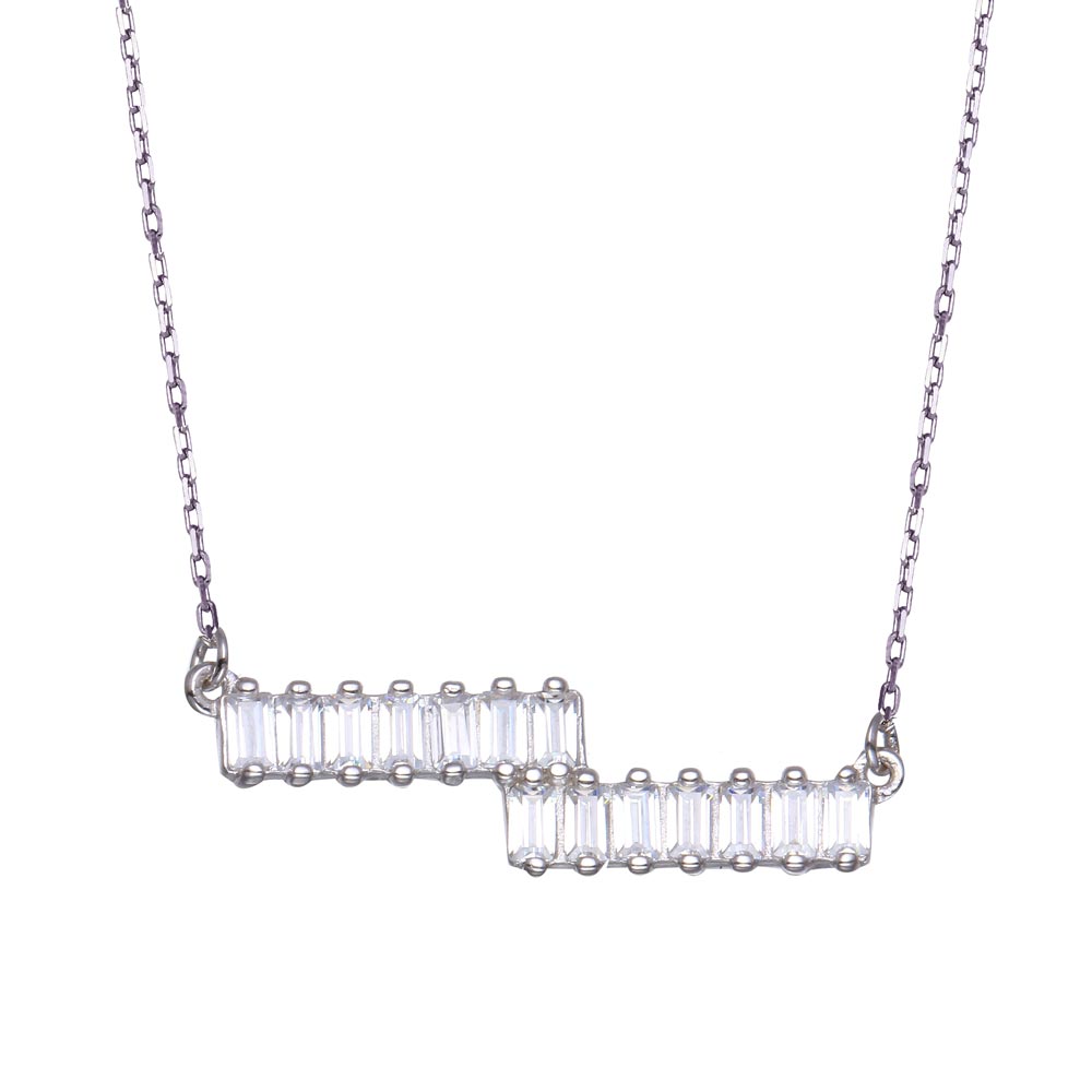 Sterling Silver Rhodium Plated Double Baguette Horizontal Bar CZ Necklace