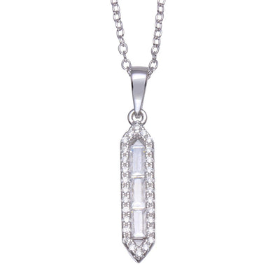 Sterling Silver Rhodium Plated Baguette Vertical Bar CZ Necklace