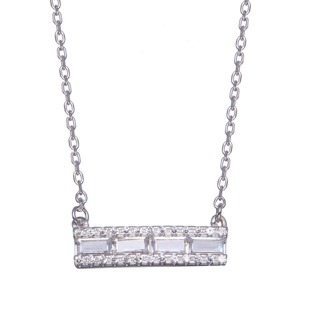 Sterling Silver Rhodium Plated Baguette Horizontal Bar CZ Necklace