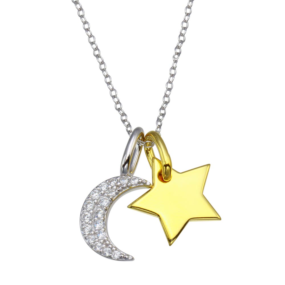 Sterling Silver Rhodium Plated Two Toned Star and Crescent Moon CZ Necklace