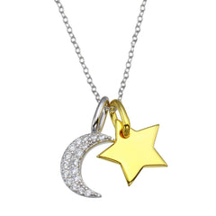 Sterling Silver Rhodium Plated Two Toned Star and Crescent Moon CZ Necklace
