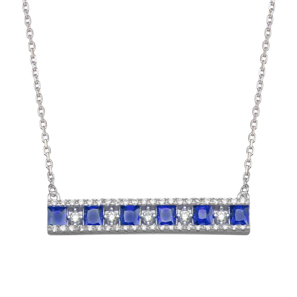 Sterling Silver Rhodium Plated Horizontal Bar Blue CZ Necklace