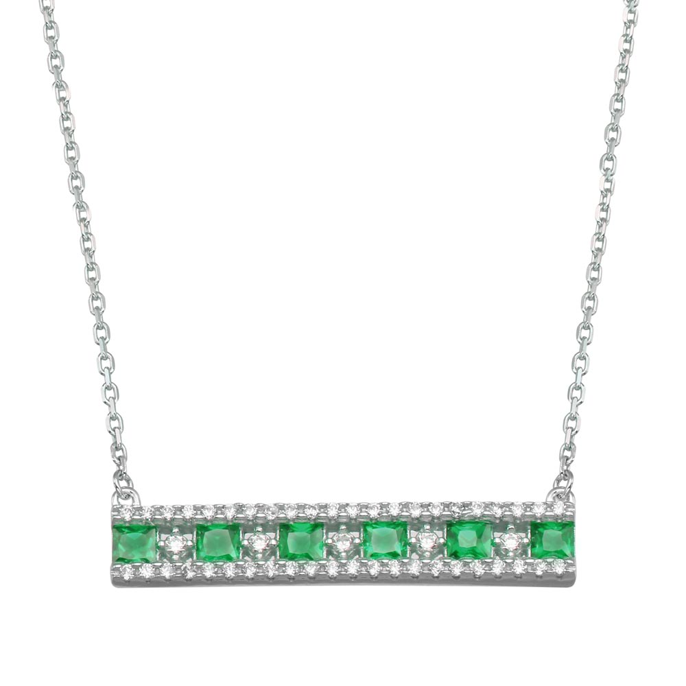 Sterling Silver Rhodium Plated Horizontal Bar Green CZ Necklace