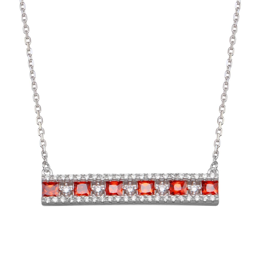 Sterling Silver Rhodium Plated Horizontal Bar Red CZ Necklace