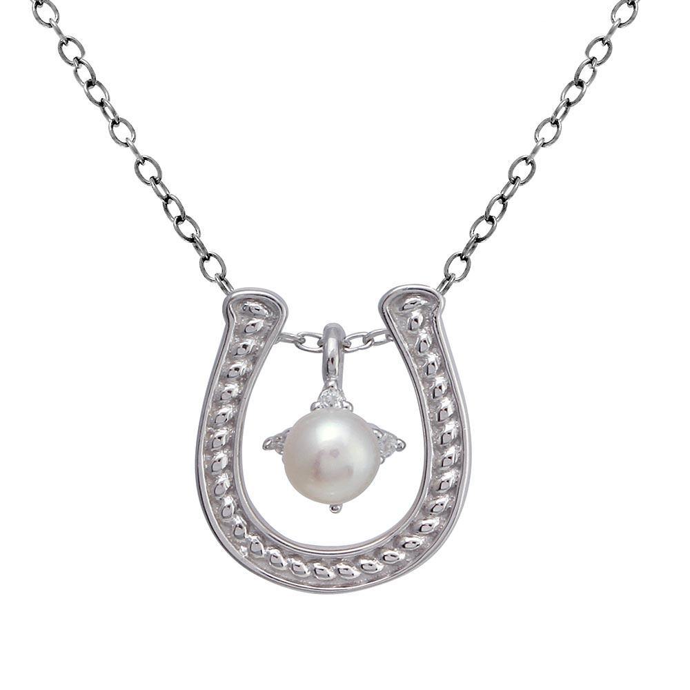 Sterling Silver Clear CZ Rhodium Plated Horse Shoe Pearl Center Necklace - silverdepot