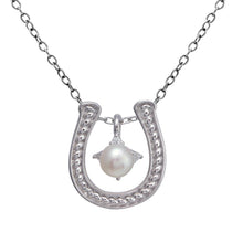 Load image into Gallery viewer, Sterling Silver Clear CZ Rhodium Plated Horse Shoe Pearl Center Necklace - silverdepot