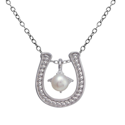 Sterling Silver Clear CZ Rhodium Plated Horse Shoe Pearl Center Necklace - silverdepot