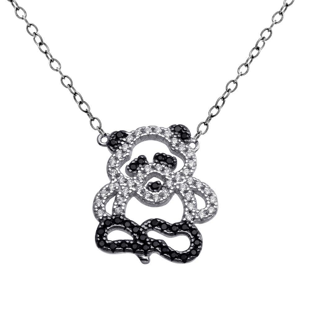 Sterling Silver Rhodium Plated Black and Clear Outline CZ Panda Bear Necklace - silverdepot