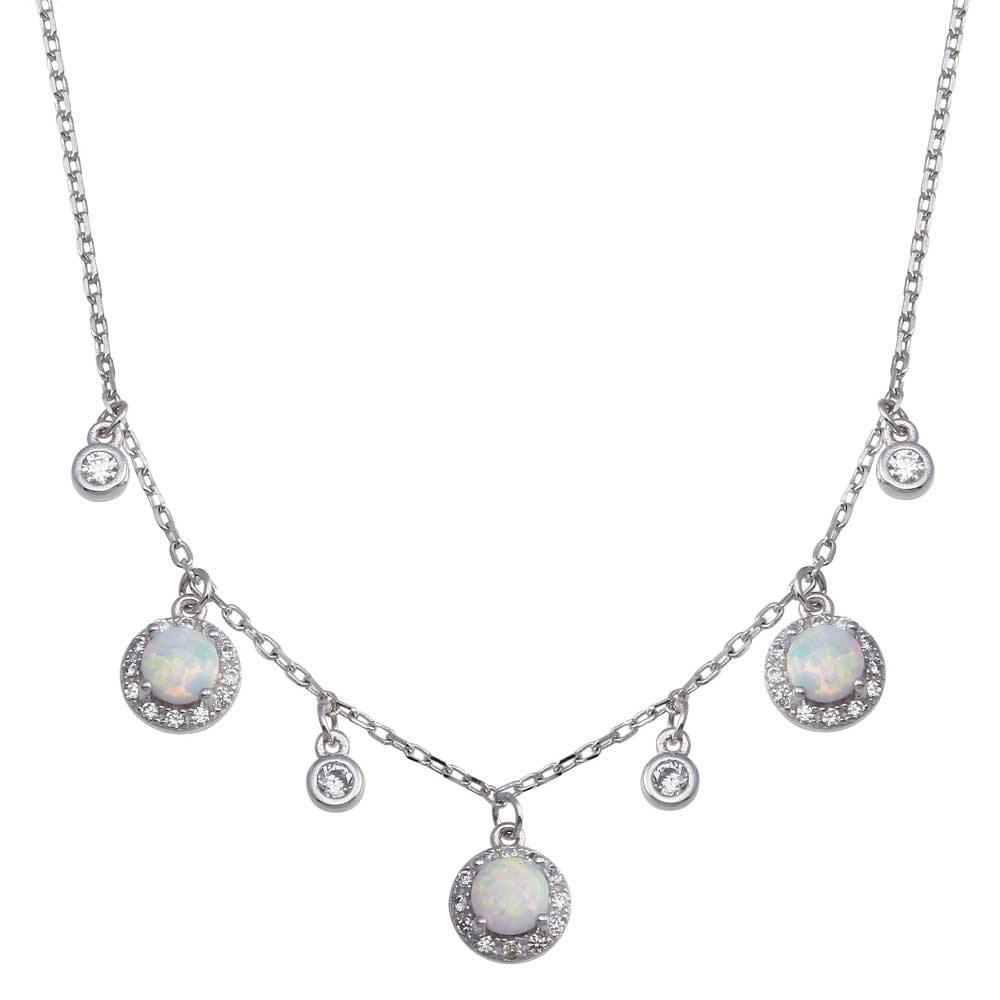 Sterling Silver Rhodium Plated Dangling CZ and Round Synthetic Opal Necklace - silverdepot