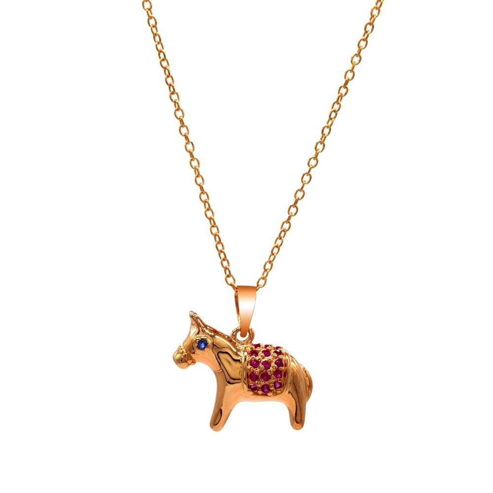 Sterling Silver Rose Gold Plated Donkey with Pink and Blue CZ Stones Pendant Necklace - silverdepot