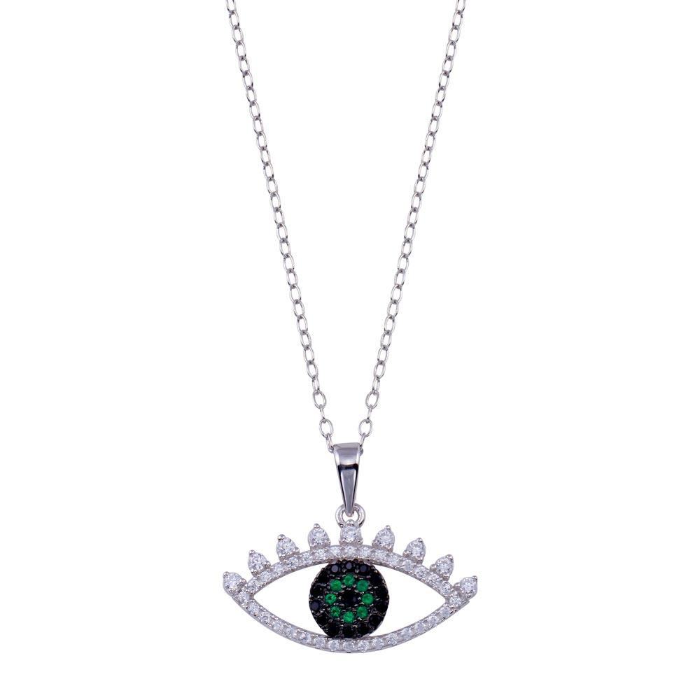 Sterling Silver Rhodium Plated Clear Green CZ Evil Eye Necklace