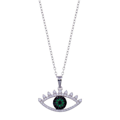 Sterling Silver Rhodium Plated Clear Green CZ Evil Eye Necklace